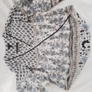 INC International Women’s Wrap Front Blue and White long sleeve blouse, size M